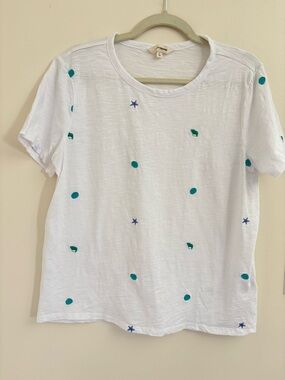 LUCKY BRAND Embroidered Seashell Tee White Boho Coastal Top cotton TShirt shells